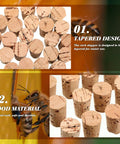 Carpenter Bee Corks 200 Count Kit For Small Holes In Furniture, showing tapered corks and a bee near wood plugs.