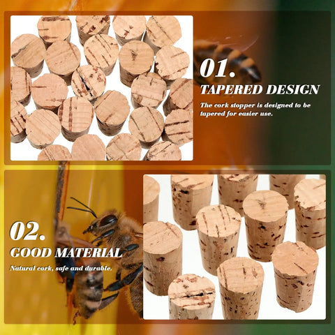 Carpenter Bee Corks 200 Count Kit For Small Holes In Furniture, showing tapered corks and a bee near wood plugs.
