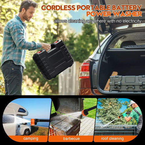 Cordless Handheld Washer With Brushless Motor, 6000mAh Battery Operated Car Washer being stored in vehicle trunk