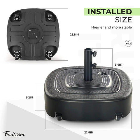 Mobile Umbrella Base With Four Wheels 154 Lb Capacity, fillable base with measurements shown, designed for patio use.