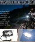 Beefy 20W LED Headlight For Electric Bikes And ATVs, rider in dark with bright headlight, product close-up and light beam view