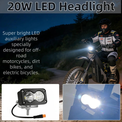 Beefy 20W LED Headlight For Electric Bikes And ATVs, rider in dark with bright headlight, product close-up and light beam view