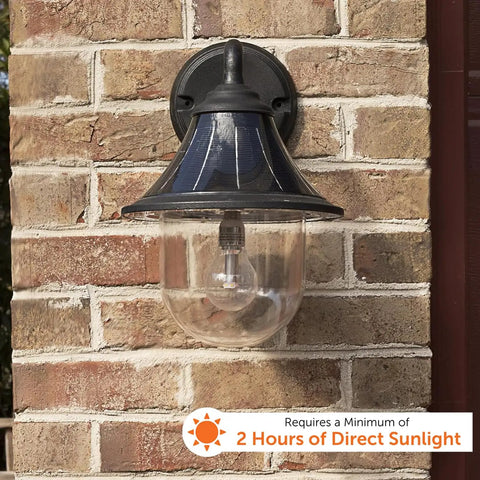 Orion Outdoor Solar Wall Light With 150 Lumen Warm White LED At 2700K mounted on brick wall, black resin sconce
