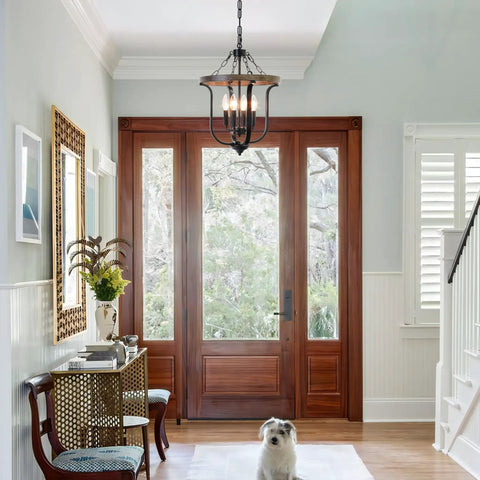 Farmhouse 4 Light Cage Chandelier With Black Metal Finish And Faux Wood Rustic Lantern Pendant Light in a bright foyer