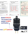 16mm Three Position Rotary Switch With Two NO Two NC DPDT Latching 5 Amp 250 Volt, UL and CE certified