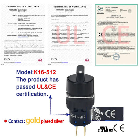 16mm Three Position Rotary Switch With Two NO Two NC DPDT Latching 5 Amp 250 Volt, UL and CE certified