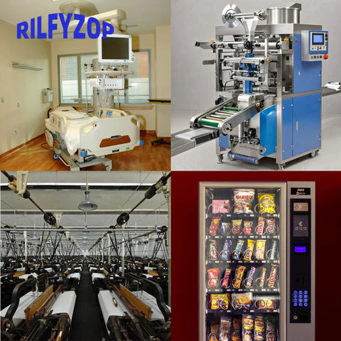 Hospital room, packaging machine, textile factory, snack vending machine collage