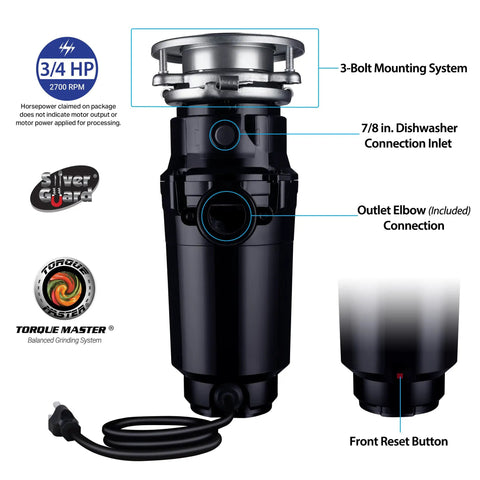 Slim Line Three Quarter HP Garbage Disposal With Anti Jam Grinding System Stainless Steel Black Compact Powerhouse diagram