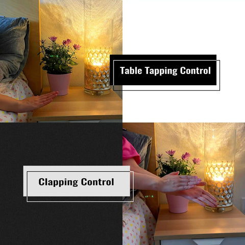 Three Clap Sound Activated Light Bulb For Bedroom Lamp on table with hand clapping to turn on, soft white glow at night