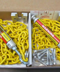 Drop Dead Solid Premium 10 Foot Twist Lock Fall Protection Kit For Roofer Safety And Ladder Work With Heavy Duty Anchor Strap Secure Grip Hardware Built To Last, featuring yellow chains and hardware fittings.