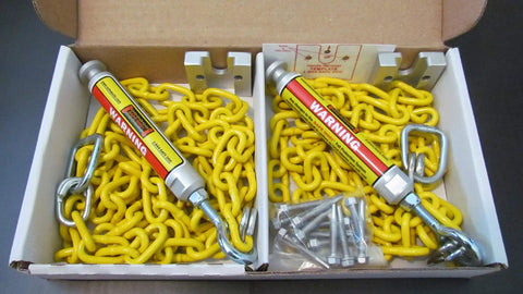 Drop Dead Solid Premium 10 Foot Twist Lock Fall Protection Kit For Roofer Safety And Ladder Work With Heavy Duty Anchor Strap Secure Grip Hardware Built To Last, featuring yellow chains and hardware fittings.