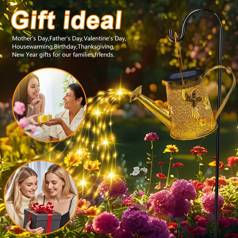 Solar Hummingbird Watering Can Lantern Lights For Outdoor Garden Decor Hanging Metal Waterproof Pathway Light With Rain Shower Effect