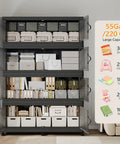 Front view of Massive Extra Large 4 Tier Stackable Storage Cabinet With Lids And Wheels, 960 QT Capacity, displaying organized items