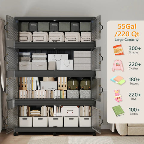 Front view of Massive Extra Large 4 Tier Stackable Storage Cabinet With Lids And Wheels, 960 QT Capacity, displaying organized items