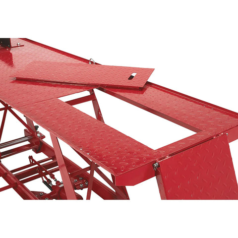 Steel Hydraulic Motorcycle Lift With 1100 Pound Capacity, Foot Operated Pump, Diamond Plate Platform, Removable Ramp With Hinges And Rollers