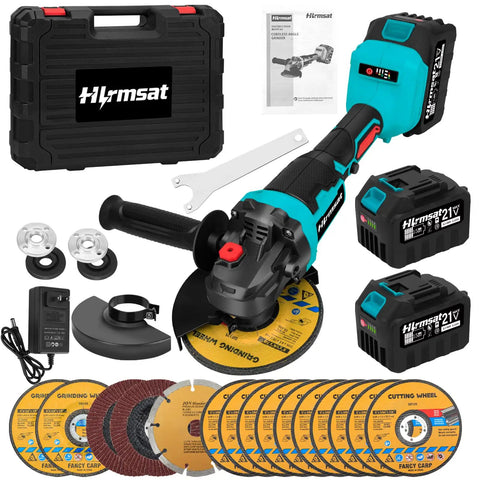 Pro Grade Cordless 5 Inch Angle Grinder With 21V Brushless Motor, 10,000 RPM, includes charger, dual 6.0Ah batteries, and discs