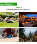 Usage scenarios for Heavy Duty Waterproof Extension Cord With A Badass 100 Ft Black Flat Cable, shown with yard work, indoor projects, and outdoor lighting.