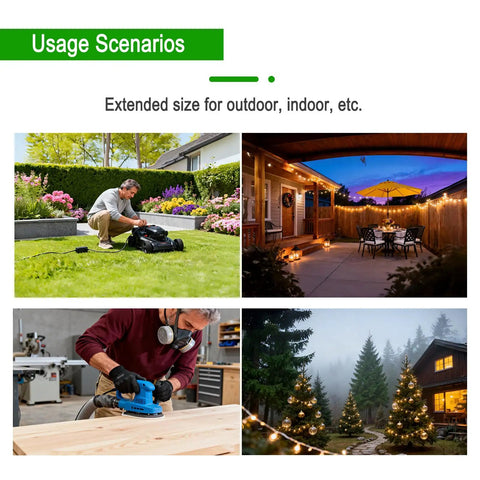 Usage scenarios for Heavy Duty Waterproof Extension Cord With A Badass 100 Ft Black Flat Cable, shown with yard work, indoor projects, and outdoor lighting.