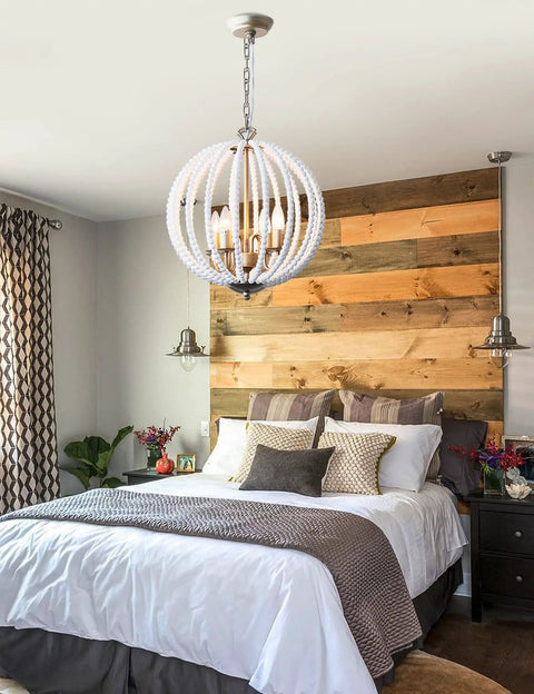 White Wood Beaded Chandelier Four Light Boho Farmhouse Pendant With E12 Base And Adjustable Chain For Dining Room Foyer Bedroom Kitchen Island Perfect For Coastal Shabby Chic Modern Rustic Vibe Decor
