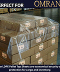 Clear LDPE Pallet Top Sheets 1 Mil Thick 60 X 60 Inch 250 Pack on stacked boxes for protection during shipping.