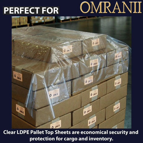 Clear LDPE Pallet Top Sheets 1 Mil Thick 60 X 60 Inch 250 Pack on stacked boxes for protection during shipping.