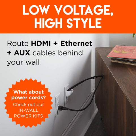 White In-Wall Cable Hider Kit For Single Gang Pass-Through - Hide Up To 8 HDMI And Low-Voltage Cables, installed near cabinet.