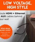 HDMI and Ethernet cables routed through in wall cable hider kit 2 pack single gang pass through with drywall brackets conceals up to 8 low voltage cables fast easy install with cutting template DIY cable management