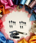 Six Piece Universal Zipper Repair Kit With Black Sliders No Fuss Replacement For Most Zippers on fabric background