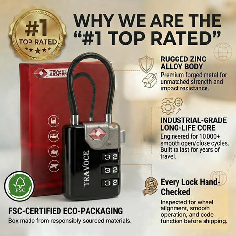 TSA Approved 3 Digit Combination Cable Locks, Heavy Duty 4 Pack With Red Search Alert and packaging details, zinc alloy body