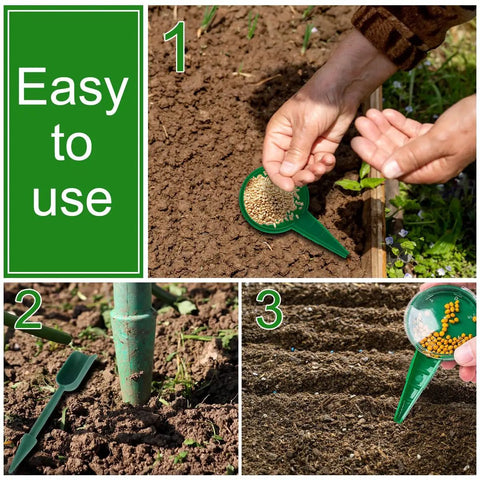 Green 6 Piece Seed Dispenser Set For Easy Garden Sowing A Handy Seed Spreader And Planting Tool Kit in use in soil