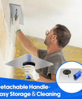 Man using Pro Grade 12-Inch Aluminum Drywall Hawk And 12-Inch By 4.7-Inch Stainless Steel Finishing Trowel with detachable handle.
