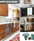Six Pack Green Ceramic Kitchen Cabinet Knobs With Two Screw Sizes And Included Mini Screwdriver For Easy Installation, 34mm Diameter And 30mm Height, Durable Modern Hardware For Cabinets Or Drawers, shown on kitchen cabinets