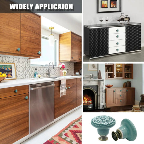 Six Pack Green Ceramic Kitchen Cabinet Knobs With Two Screw Sizes And Included Mini Screwdriver For Easy Installation, 34mm Diameter And 30mm Height, Durable Modern Hardware For Cabinets Or Drawers, shown on kitchen cabinets