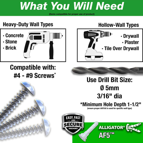 Guide for Alligator AF5 Flanged Anchor With Screws For Hollow And Solid, showing wall compatibility and needed tools.