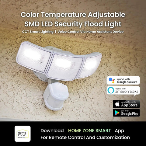App Controlled Smart Flood Light With 3500 Lumens, 5000K Color Temperature, 3 Adjustable Heads on exterior wall.