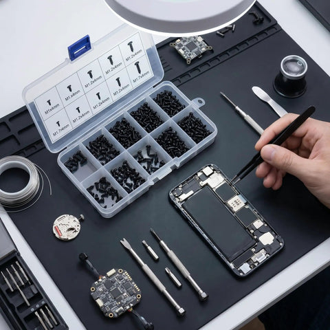No Fuss Miniature Self Tapping Screw Assortment Kit With 1000 Carbon Steel Pan Head fasteners organized in storage box for gadget repairs.