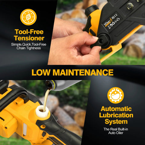 Close-up of 12 Inch Brushless Cordless Chainsaw Tool Only For 20V 60V Battery Systems, tool-free tensioner, auto oiler feature