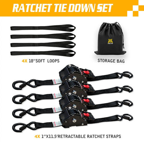 Tough Built Retractable Ratchet Straps For Heavy Duty Cargo Hauling Auto Retract Tie Downs One Inch By Eighteen Hundred Pound Break Strength Easy Pull And Go Hassle Free Storage Keeps Your Rig Locked And Loaded