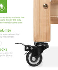 Close-up of Mobile Raised Garden Bed On Wheels With Locking Casters 48 By 24 By 32 Inch Elevated Planter caster in natural wood finish.