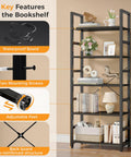 Heavy Duty Five Tier Bookshelf With Thick Wood Panels And Steel Frame Modern Tall Narrow Bookcase showcasing waterproof board and adjustable feet.