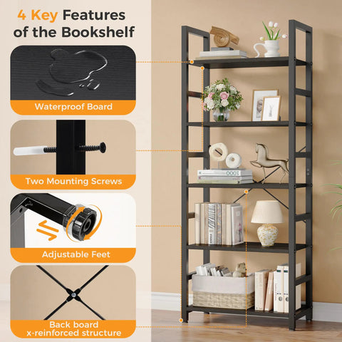 Heavy Duty Five Tier Bookshelf With Thick Wood Panels And Steel Frame Modern Tall Narrow Bookcase showcasing waterproof board and adjustable feet.