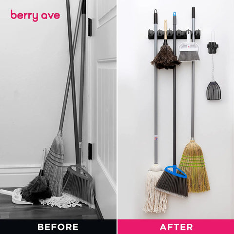 Before and after of Five Slot Broom Holder With Self Adhesive Mop Gripper No Drilling Wall Mount Organizer installed in a room.