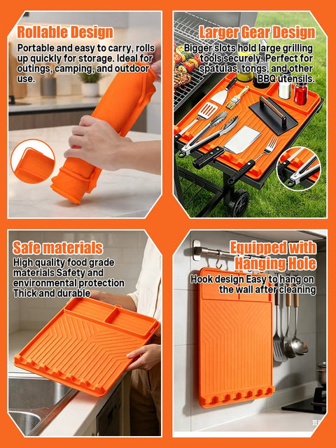 Rollable Silicone Grill Mat For Griddle Tools And BBQ Accessories in use, showcasing organizing features and hanging option, orange.