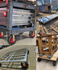 Two Pack Heavy Duty Swivel Caster Wheels Featuring Quiet Solid Rubber Tires on mobile carts with toolboxes and furniture.
