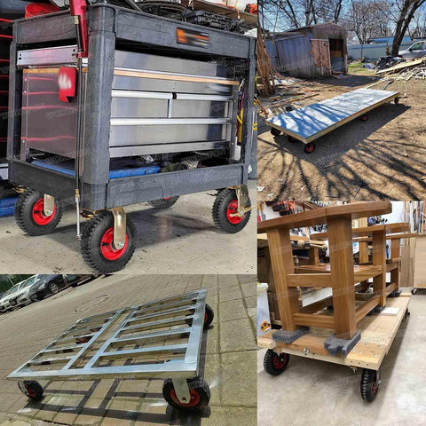 Two Pack Heavy Duty Swivel Caster Wheels Featuring Quiet Solid Rubber Tires on mobile carts with toolboxes and furniture.