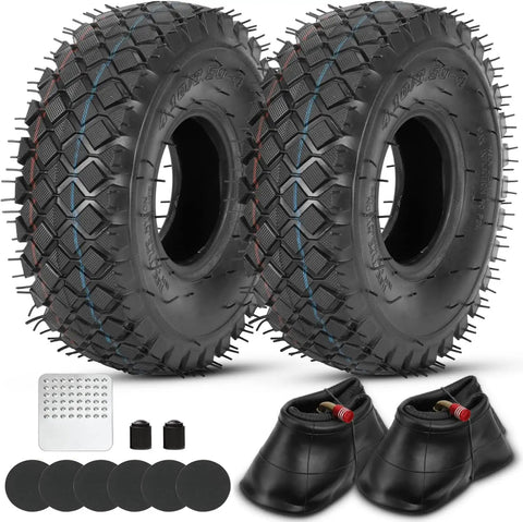 2 Pack 4.10/3.50-4 Tire Inner Tubes With Bent Valve Stem set for mowers and tools, includes repair kit and valve caps, black rubber