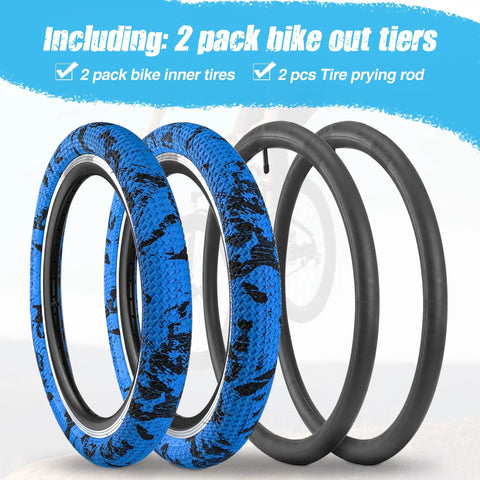 Two Pack 20 By 2.1 Folding Bead Bicycle Tires With 20 By 1.75 To 2.125 Inner Tubes And Tire Pry Rods For 20 Inch Kids Bicycles Mountain BMX Blue