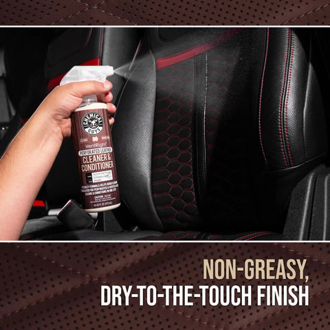 VentRight Perforated Leather Cleaner And Conditioner for car seats being sprayed on a black leather car seat, 16 oz.