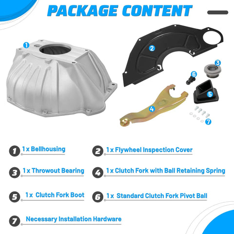 Bell Housing Kit With 11 Inch Clutch Fork Inspection Cover Throwout Bearing And Boot For Chevy Chevelle Malibu Impala Caprice Corvette Camaro 1959 Through 1988 Replacement Fits El Camino Bel Air Biscayne Nomad And More package contents