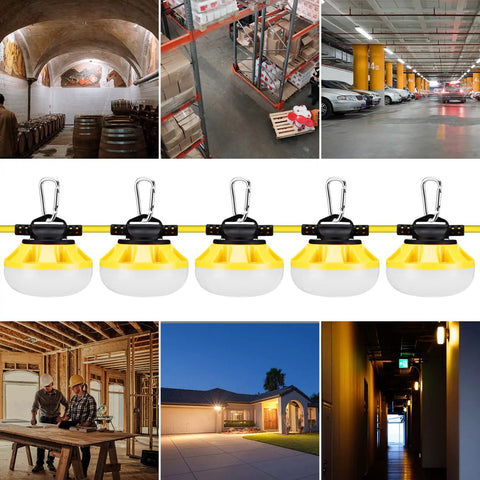 LED Construction String Lights 50FT, 5x50W Units, 5000LM Total, showcased in various indoor and outdoor settings.